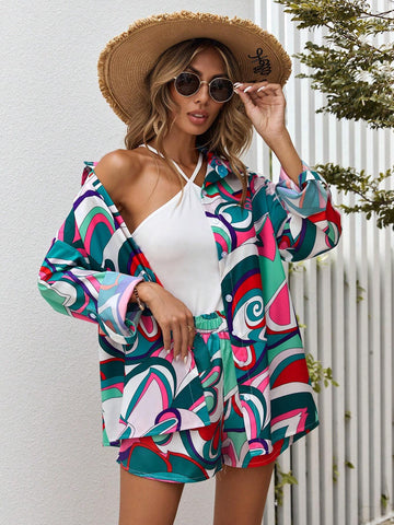 Allover Print Drop Shoulder Shirt & Shorts