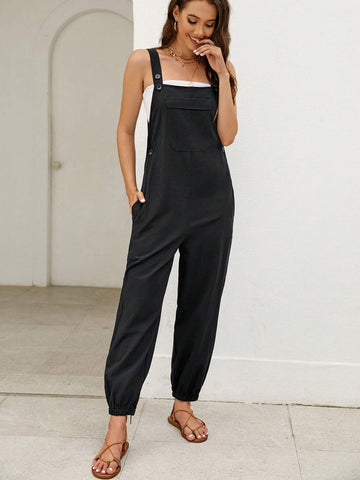 Solid Pocket Front Overall Jumpsuit Without Tube Top