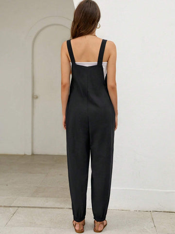 Solid Pocket Front Overall Jumpsuit Without Tube Top