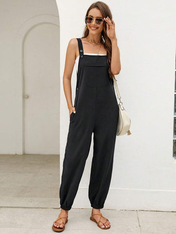 Solid Pocket Front Overall Jumpsuit Without Tube Top