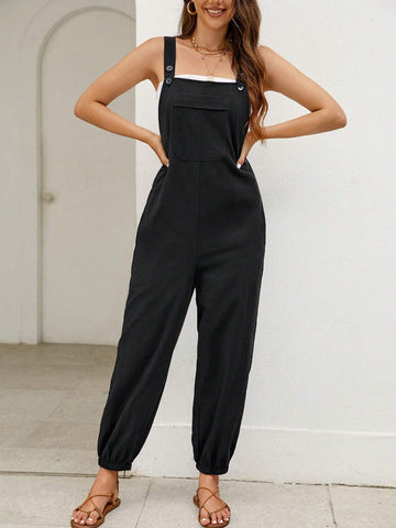 Solid Pocket Front Overall Jumpsuit Without Tube Top