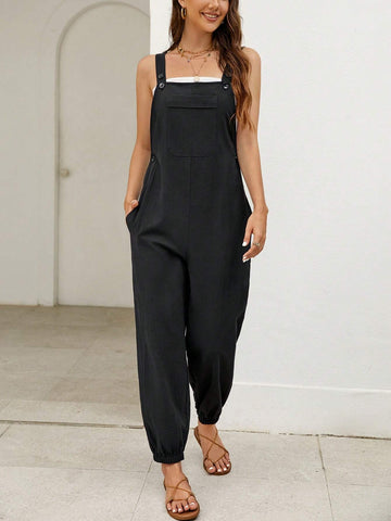 Solid Pocket Front Overall Jumpsuit Without Tube Top