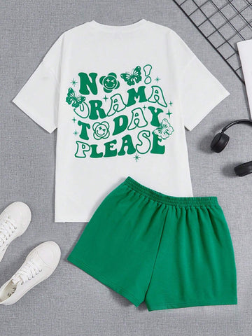 Slogan Graphic Drop Shoulder Tee & Shorts