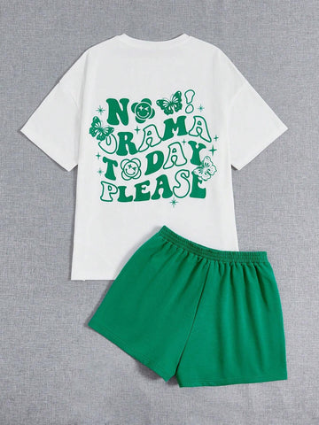 Slogan Graphic Drop Shoulder Tee & Shorts