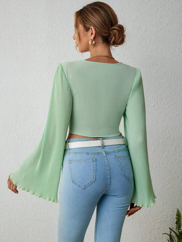 Lettuce Trim Trumpet Sleeve Knot Front Crop Blouse