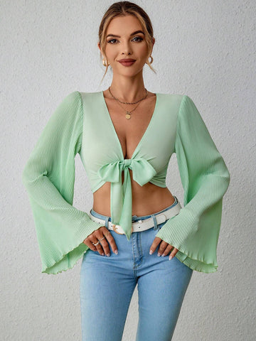 Lettuce Trim Trumpet Sleeve Knot Front Crop Blouse