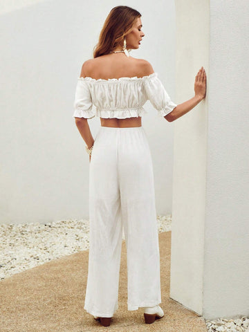 Off Shoulder Frill Trim Tie Front Jumpsuit