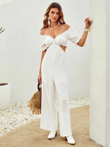 Off Shoulder Frill Trim Tie Front Jumpsuit