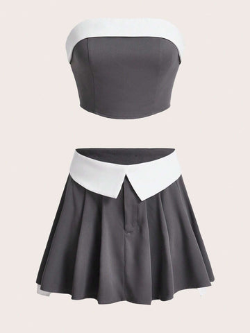 Two Tone Tube Top & Fold Pleated Detail Skirt
