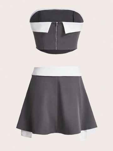 Two Tone Tube Top & Fold Pleated Detail Skirt