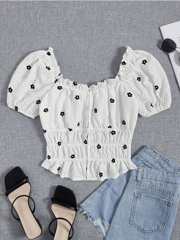 Embroidery Floral Pattern Puff Sleeve Peplum Blouse