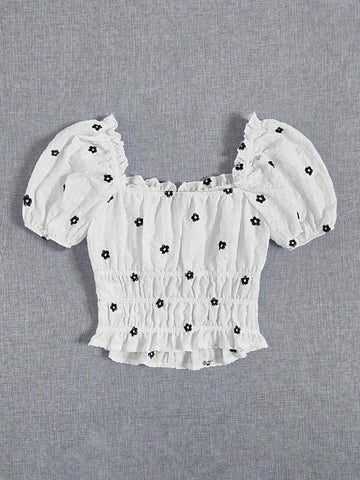 Embroidery Floral Pattern Puff Sleeve Peplum Blouse