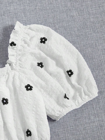 Embroidery Floral Pattern Puff Sleeve Peplum Blouse