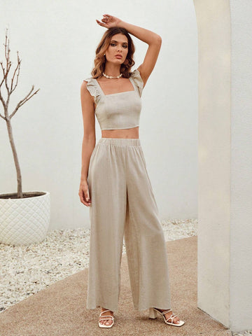 Ruffle Trim Crop Top & Wide Leg Pants