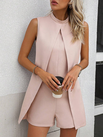 Solid Zip Back Mock Neck Romper