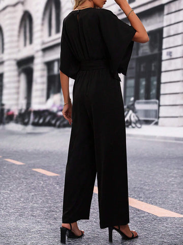 Notched Neck Batwing Sleeve Belted Wide Leg Jumpsuit