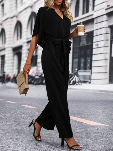Notched Neck Batwing Sleeve Belted Wide Leg Jumpsuit
