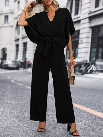 Notched Neck Batwing Sleeve Belted Wide Leg Jumpsuit