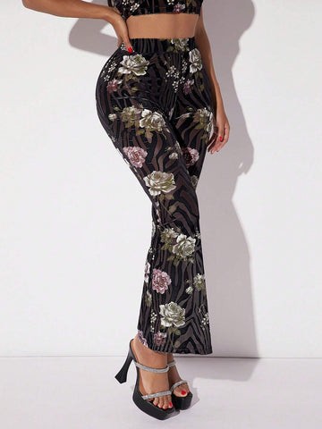 SXY Floral & Zebra Striped Print Flare Leg Pants