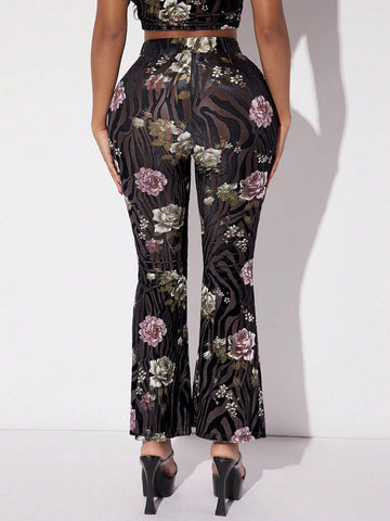 SXY Floral & Zebra Striped Print Flare Leg Pants