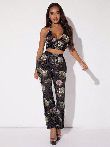 SXY Floral & Zebra Striped Print Flare Leg Pants