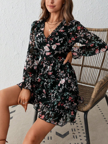Floral Print Flounce Sleeve Ruffle Hem Dress
