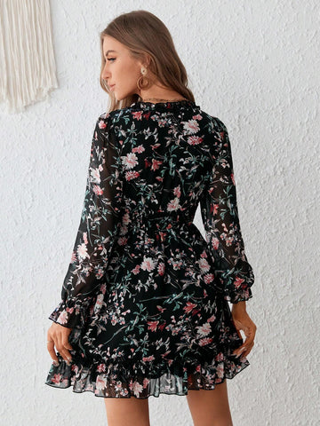 Floral Print Flounce Sleeve Ruffle Hem Dress