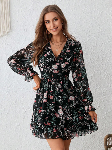 Floral Print Flounce Sleeve Ruffle Hem Dress