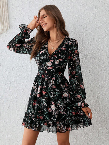 Floral Print Flounce Sleeve Ruffle Hem Dress