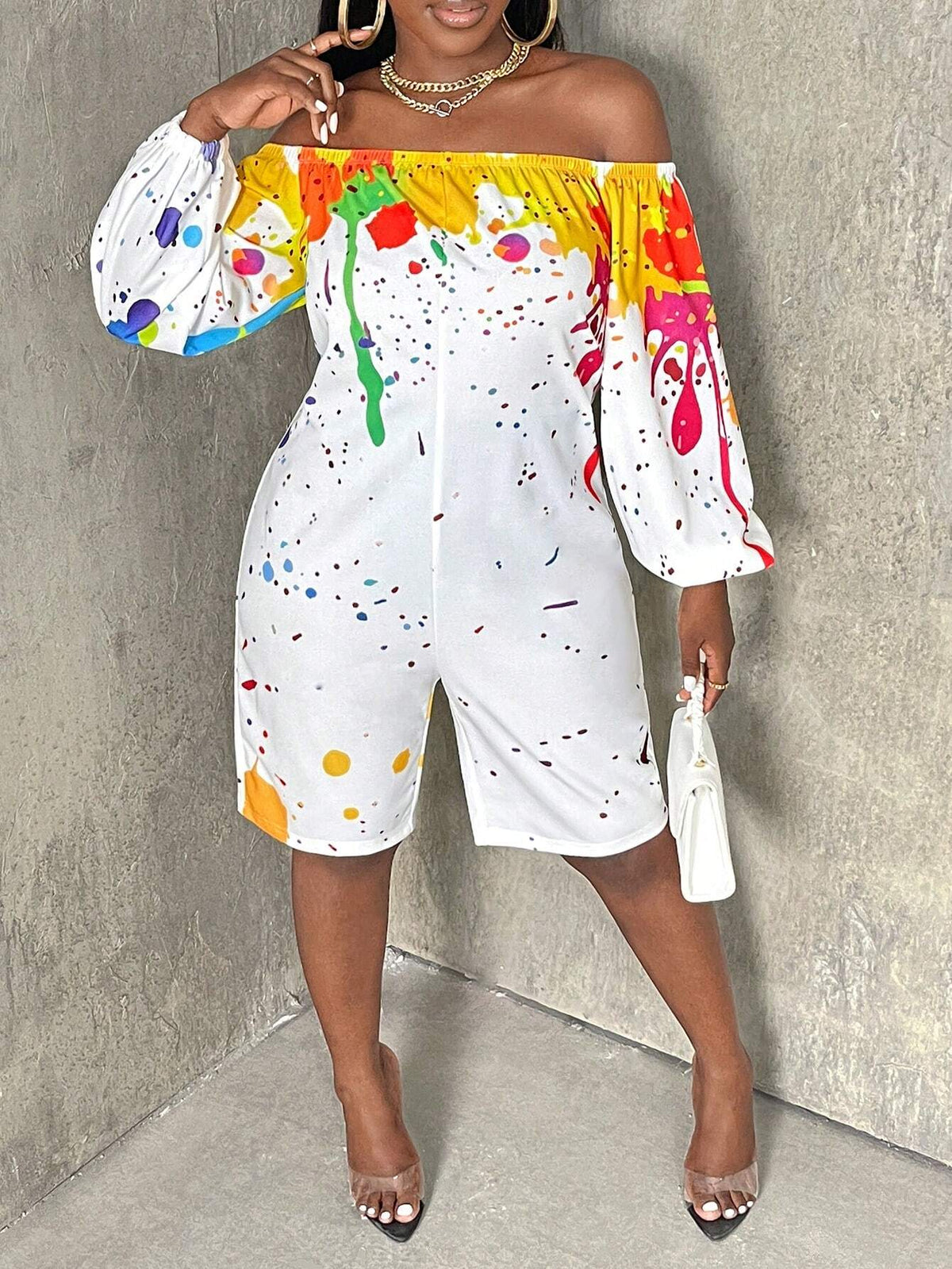 Splash Ink Print Off Shoulder Lantern Sleeve Romper