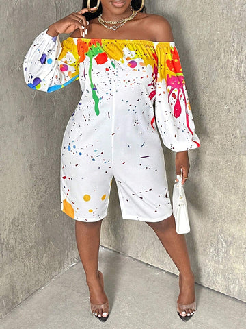 Splash Ink Print Off Shoulder Lantern Sleeve Romper
