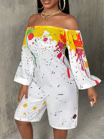 Splash Ink Print Off Shoulder Lantern Sleeve Romper