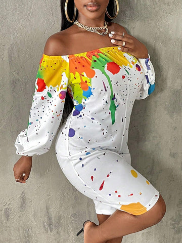 Splash Ink Print Off Shoulder Lantern Sleeve Romper