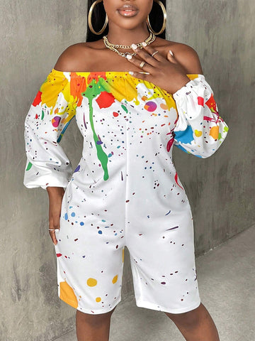 Splash Ink Print Off Shoulder Lantern Sleeve Romper