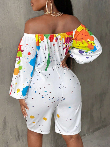 Splash Ink Print Off Shoulder Lantern Sleeve Romper