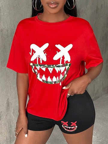 Cartoon Graphic Drop Shoulder Tee & Biker Shorts