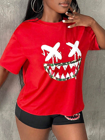 Cartoon Graphic Drop Shoulder Tee & Biker Shorts
