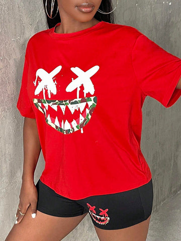 Cartoon Graphic Drop Shoulder Tee & Biker Shorts