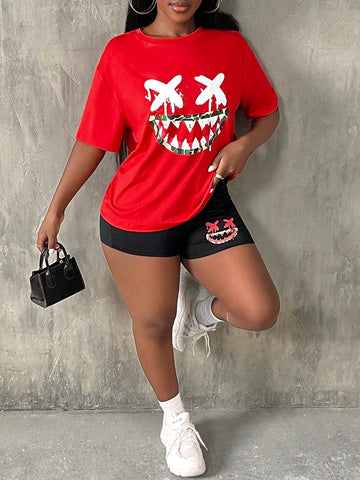 Cartoon Graphic Drop Shoulder Tee & Biker Shorts