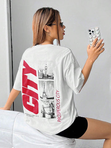 Building & Slogan Graphic Drop Shoulder Tee