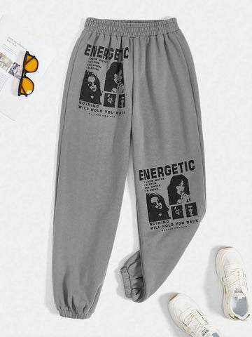 EZwear Figure & Slogan Graphic Elastic Waist Sweatpants