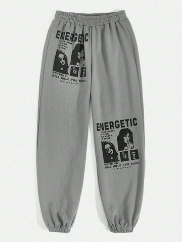 EZwear Figure & Slogan Graphic Elastic Waist Sweatpants