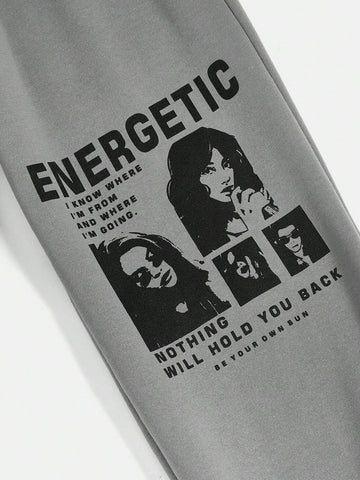 EZwear Figure & Slogan Graphic Elastic Waist Sweatpants