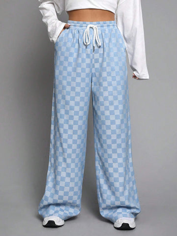 EZwear Checkerboard Print Drawstring Waist Wide Leg Pants
