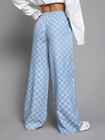 EZwear Checkerboard Print Drawstring Waist Wide Leg Pants