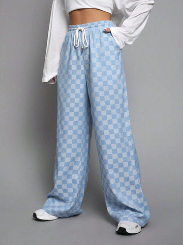 EZwear Checkerboard Print Drawstring Waist Wide Leg Pants