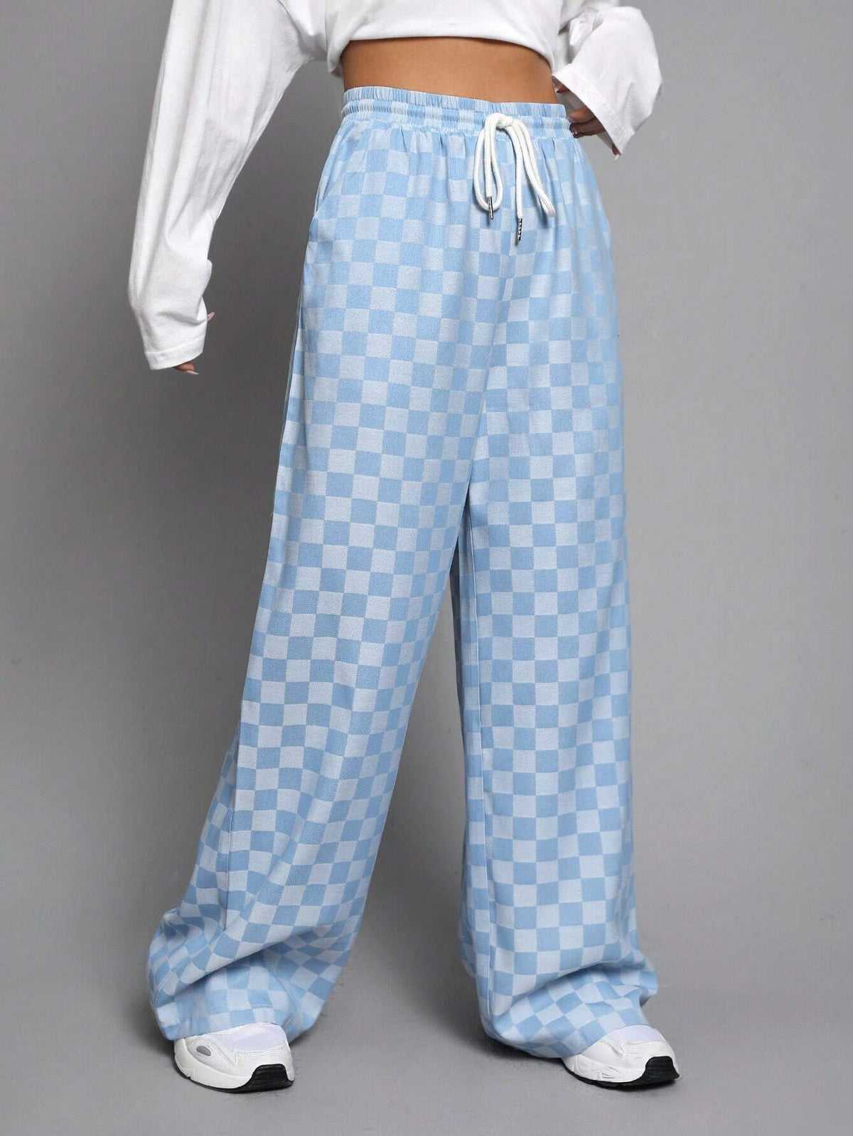 EZwear Checkerboard Print Drawstring Waist Wide Leg Pants