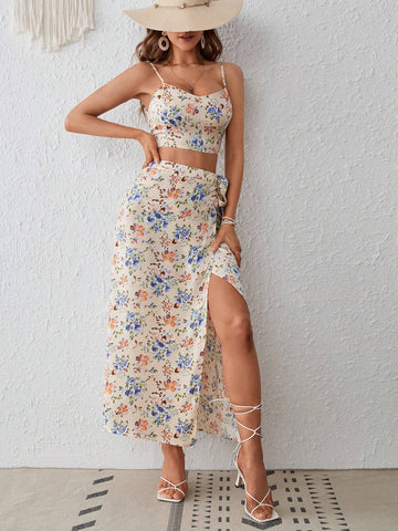 Allover Floral Print Cami Top & Wrap Knot Side Split Thigh Skirt