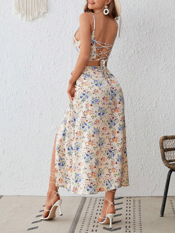 Allover Floral Print Cami Top & Wrap Knot Side Split Thigh Skirt