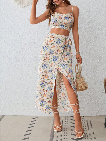 Allover Floral Print Cami Top & Wrap Knot Side Split Thigh Skirt